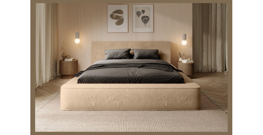 Lit coffre ORLANE – Beige Poudre de miel polaire – 140x200 cm – Sommier relevable – Design haut de gamme