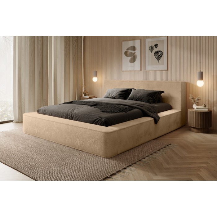 Lit coffre ORLANE – Beige Poudre de miel polaire – 140x200 cm – Sommier relevable – Design haut de gamme 