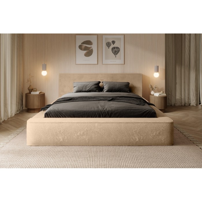 Lit coffre ORLANE – Beige Poudre de miel polaire – 180x200 cm – Sommier relevable – Design haut de gamme