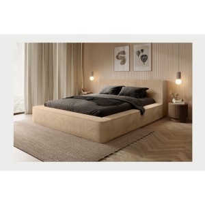 Lit coffre ORLANE – Beige Poudre de miel polaire – 180x200 cm – Sommier relevable – Design haut de gamme 