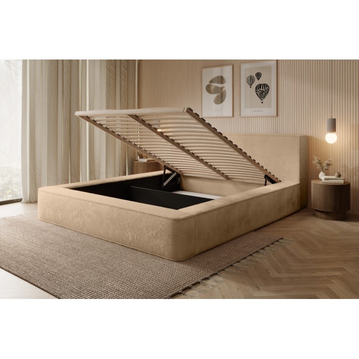 Lit coffre ORLANE – Beige Poudre de miel polaire – 180x200 cm – Sommier relevable – Design haut de gamme 