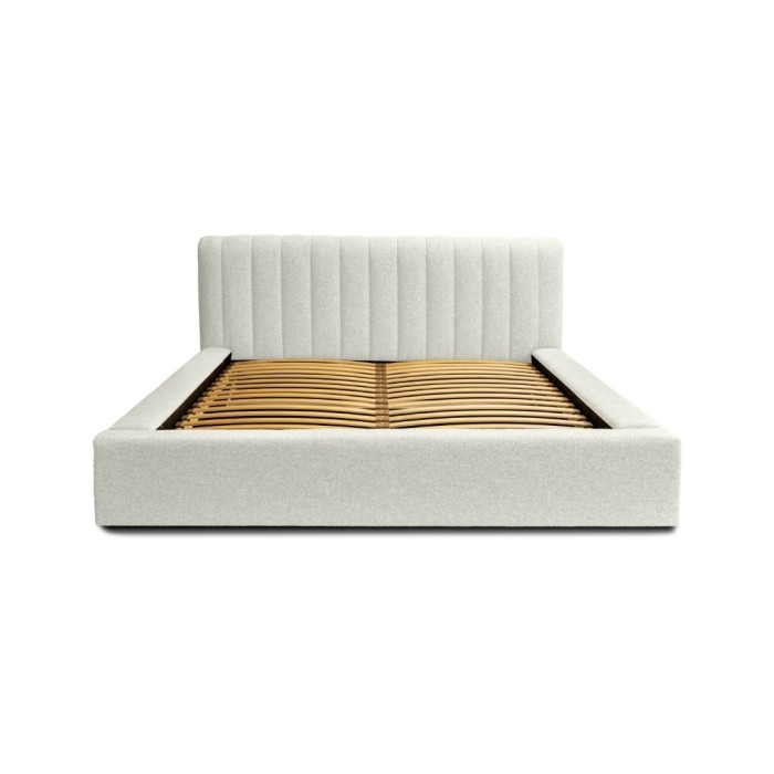 Lit coffre CERVIN – Gris Lin naturel bouclé – 140x200 cm – Sommier relevable – Design haut de gamme 