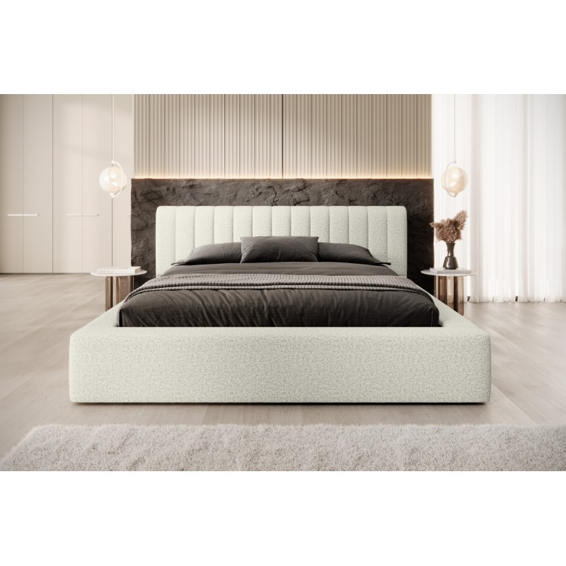 Lit coffre CERVIN – Gris Lin naturel bouclé – 140x200 cm – Sommier relevable – Design haut de gamme