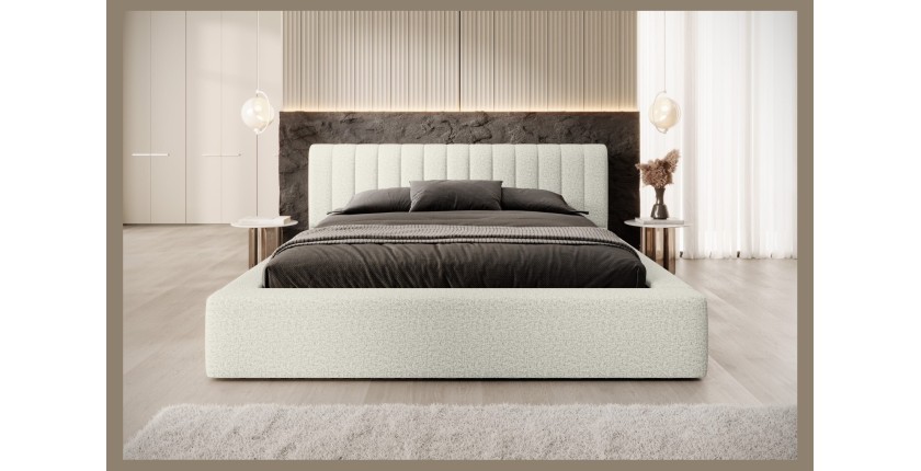 Lit coffre CERVIN – Gris Lin naturel bouclé – 140x200 cm – Sommier relevable – Design haut de gamme