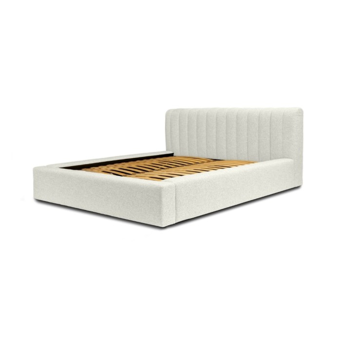 Lit coffre CERVIN – Gris Lin naturel bouclé – 140x200 cm – Sommier relevable – Design haut de gamme 