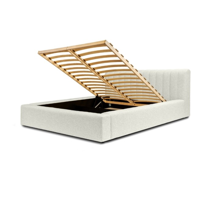 Lit coffre CERVIN – Gris Lin naturel bouclé – 140x200 cm – Sommier relevable – Design haut de gamme 