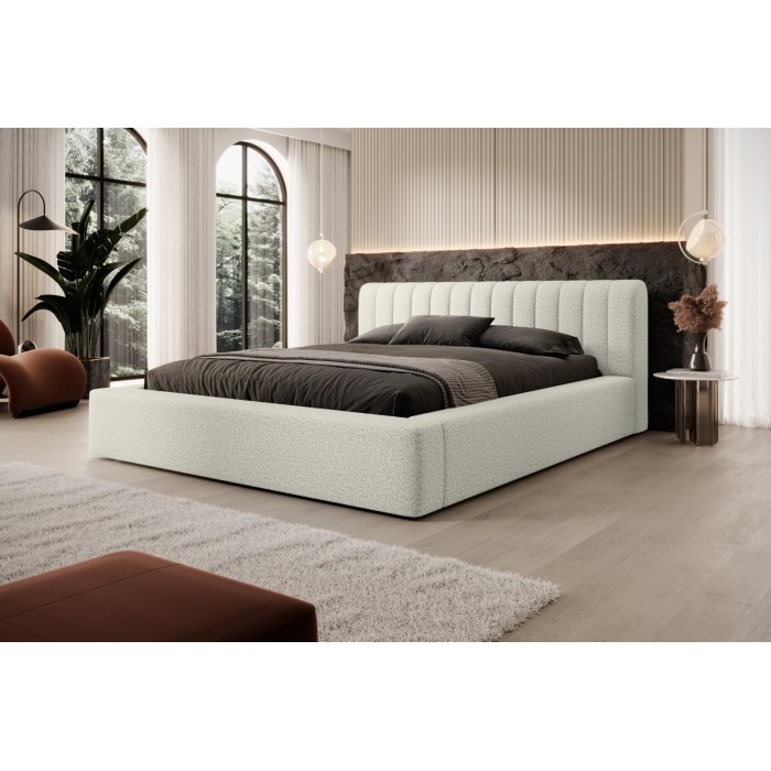 Lit coffre CERVIN – Gris Lin naturel bouclé – 140x200 cm – Sommier relevable – Design haut de gamme 