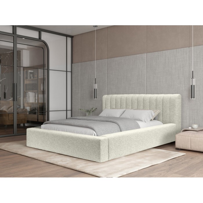 Lit coffre CERVIN – Gris Lin naturel bouclé – 140x200 cm – Sommier relevable – Design haut de gamme 