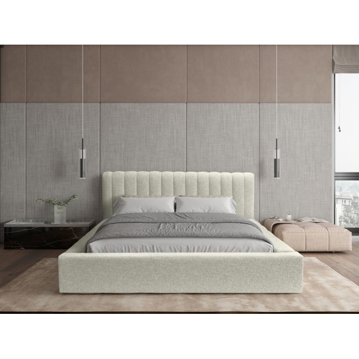 Lit coffre CERVIN – Gris Lin naturel bouclé – 140x200 cm – Sommier relevable – Design haut de gamme 