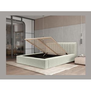 Lit coffre CERVIN – Gris Lin naturel bouclé – 140x200 cm – Sommier relevable – Design haut de gamme 