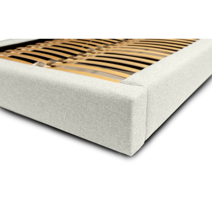 Lit coffre CERVIN – Gris Lin naturel bouclé – 160x200 cm – Sommier relevable – Design haut de gamme 