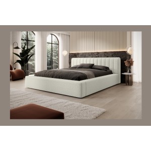 Lit coffre CERVIN – Gris Lin naturel bouclé – 160x200 cm – Sommier relevable – Design haut de gamme 