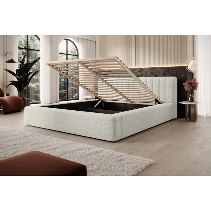 Lit coffre CERVIN – Gris Lin naturel bouclé – 160x200 cm – Sommier relevable – Design haut de gamme 