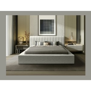 Lit coffre CERVIN – Gris Lin naturel bouclé – 160x200 cm – Sommier relevable – Design haut de gamme 