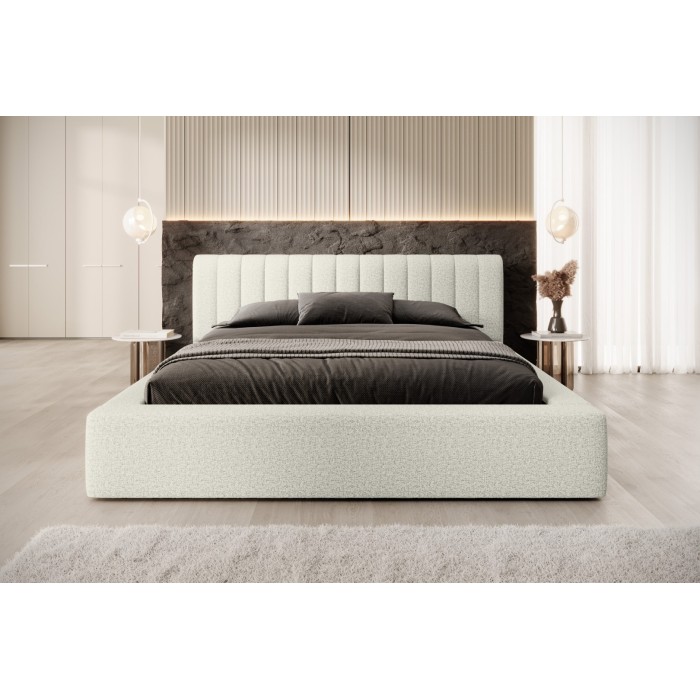 Lit coffre CERVIN – Gris Lin naturel bouclé – 180x200 cm – Sommier relevable – Design haut de gamme