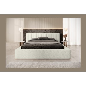 Lit coffre CERVIN – Gris Lin naturel bouclé – 180x200 cm – Sommier relevable – Design haut de gamme