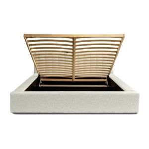 Lit coffre CERVIN – Gris Lin naturel bouclé – 180x200 cm – Sommier relevable – Design haut de gamme 