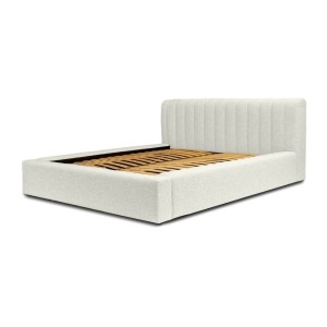 Lit coffre CERVIN – Gris Lin naturel bouclé – 180x200 cm – Sommier relevable – Design haut de gamme 