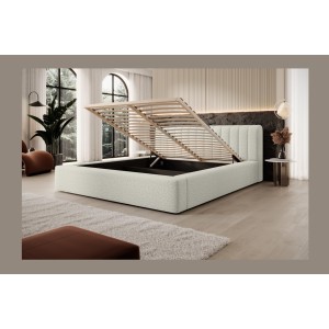 Lit coffre CERVIN – Gris Lin naturel bouclé – 180x200 cm – Sommier relevable – Design haut de gamme 