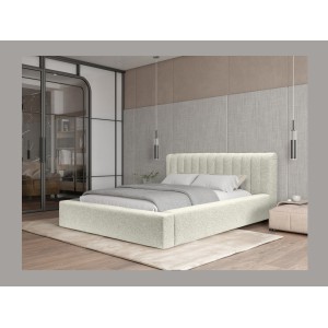 Lit coffre CERVIN – Gris Lin naturel bouclé – 180x200 cm – Sommier relevable – Design haut de gamme 