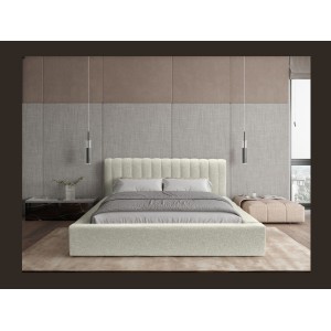 Lit coffre CERVIN – Gris Lin naturel bouclé – 180x200 cm – Sommier relevable – Design haut de gamme 