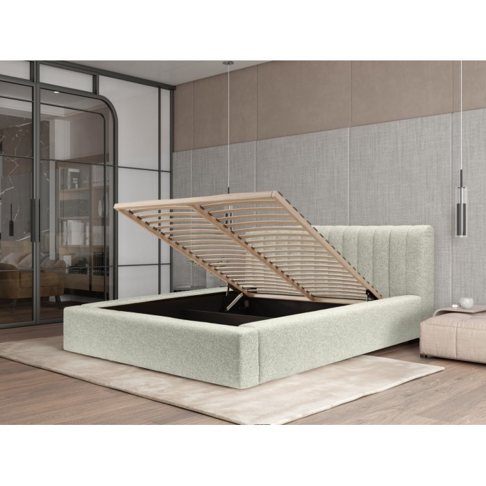 Lit coffre CERVIN – Gris Lin naturel bouclé – 180x200 cm – Sommier relevable – Design haut de gamme 