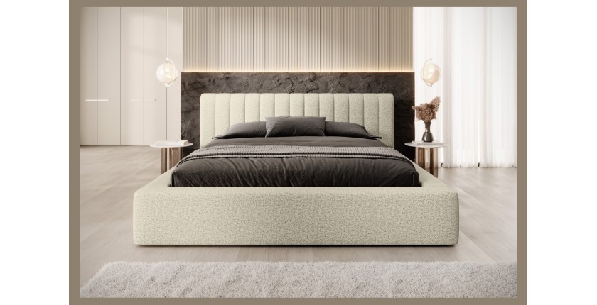 Lit coffre CERVIN – Taupe sablé bouclé – 140x200 cm – Sommier relevable – Design haut de gamme