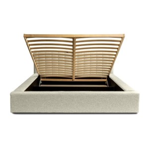 Lit coffre CERVIN – Taupe sablé bouclé – 140x200 cm – Sommier relevable – Design haut de gamme 