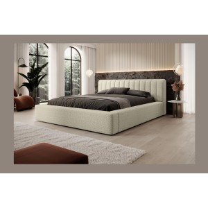 Lit coffre CERVIN – Taupe sablé bouclé – 140x200 cm – Sommier relevable – Design haut de gamme 