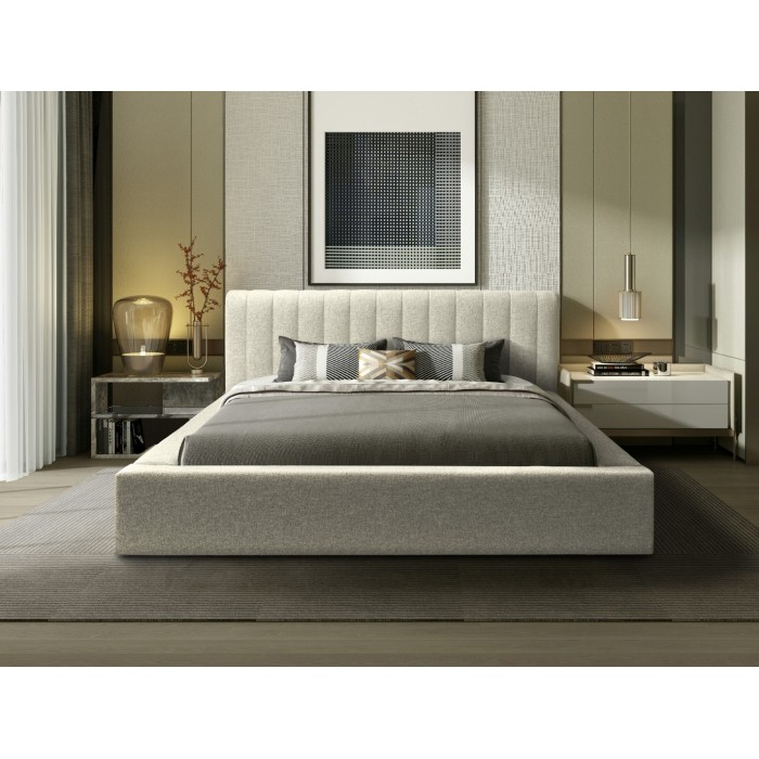 Lit coffre CERVIN – Taupe sablé bouclé – 140x200 cm – Sommier relevable – Design haut de gamme 