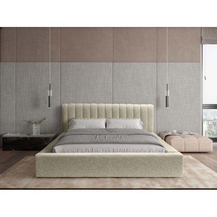 Lit coffre CERVIN – Taupe sablé bouclé – 140x200 cm – Sommier relevable – Design haut de gamme 