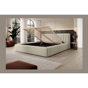 Lit coffre CERVIN – Taupe sablé bouclé – 160x200 cm – Sommier relevable – Design haut de gamme 