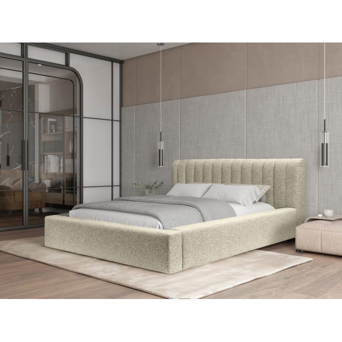 Lit coffre CERVIN – Taupe sablé bouclé – 160x200 cm – Sommier relevable – Design haut de gamme 