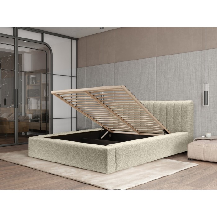 Lit coffre CERVIN – Taupe sablé bouclé – 180x200 cm – Sommier relevable – Design haut de gamme 