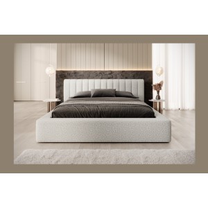 Lit coffre CERVIN – Tissu bouclé Nuage sablé – 160x200 cm – Sommier relevable – Design contemporain