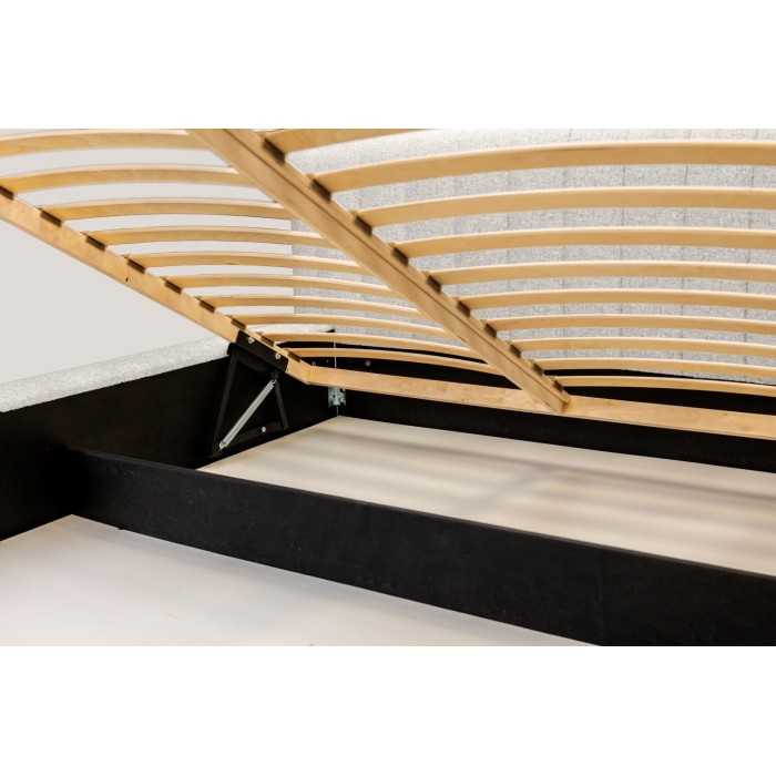 Lit coffre CERVIN – Tissu bouclé Nuage sablé – 160x200 cm – Sommier relevable – Design contemporain 