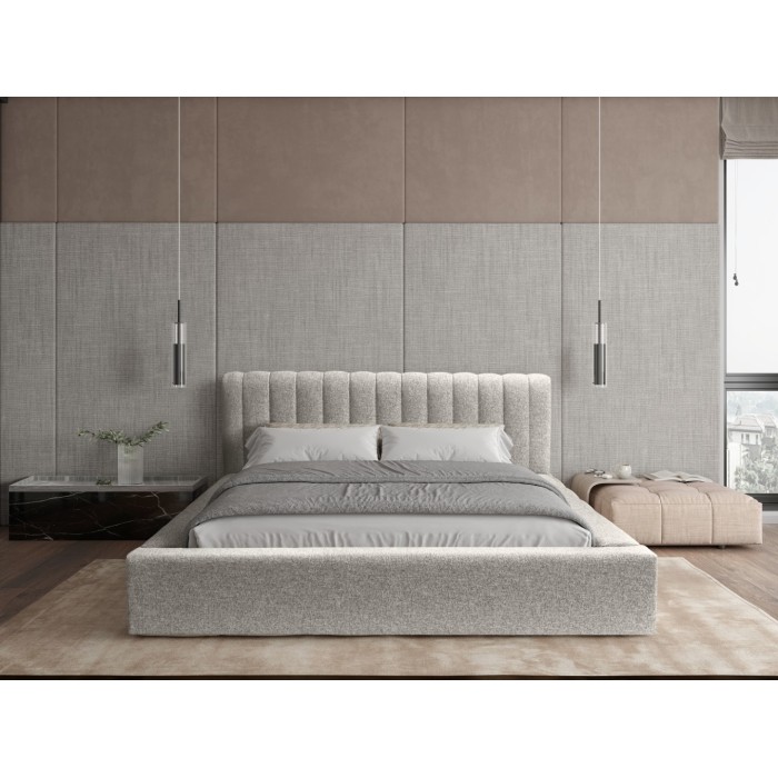 Lit coffre CERVIN – Tissu bouclé Nuage sablé – 160x200 cm – Sommier relevable – Design contemporain 