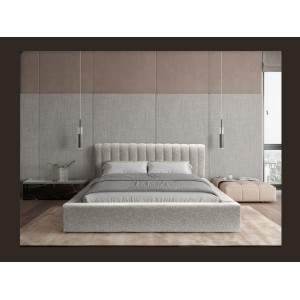 Lit coffre CERVIN – Tissu bouclé Nuage sablé – 160x200 cm – Sommier relevable – Design contemporain 