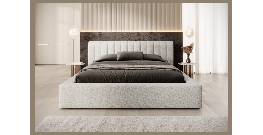 Lit coffre CERVIN – Tissu bouclé Nuage sablé – 180x200 cm – Sommier relevable – Design contemporain