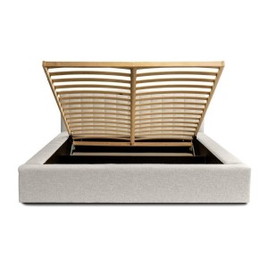 Lit coffre CERVIN – Tissu bouclé Nuage sablé – 180x200 cm – Sommier relevable – Design contemporain 