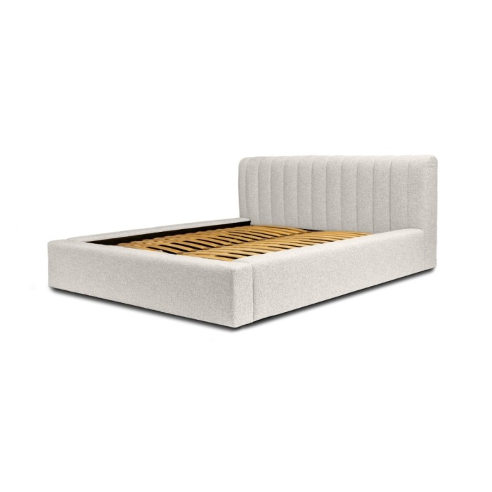 Lit coffre CERVIN – Tissu bouclé Nuage sablé – 180x200 cm – Sommier relevable – Design contemporain 