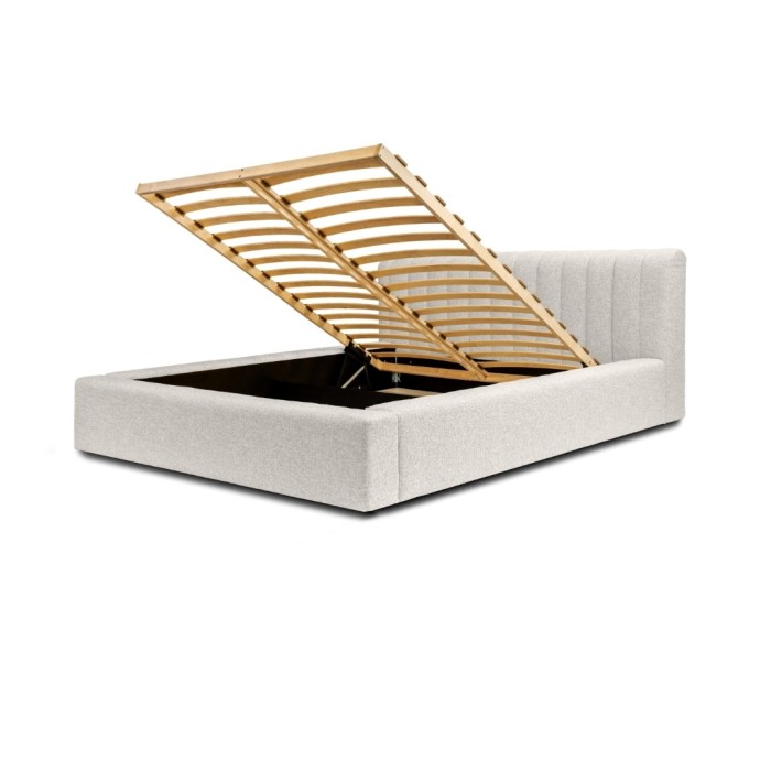 Lit coffre CERVIN – Tissu bouclé Nuage sablé – 180x200 cm – Sommier relevable – Design contemporain 