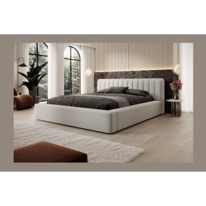 Lit coffre CERVIN – Tissu bouclé Nuage sablé – 180x200 cm – Sommier relevable – Design contemporain 