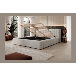 Lit coffre CERVIN – Tissu bouclé Nuage sablé – 180x200 cm – Sommier relevable – Design contemporain 