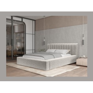 Lit coffre CERVIN – Tissu bouclé Nuage sablé – 180x200 cm – Sommier relevable – Design contemporain 