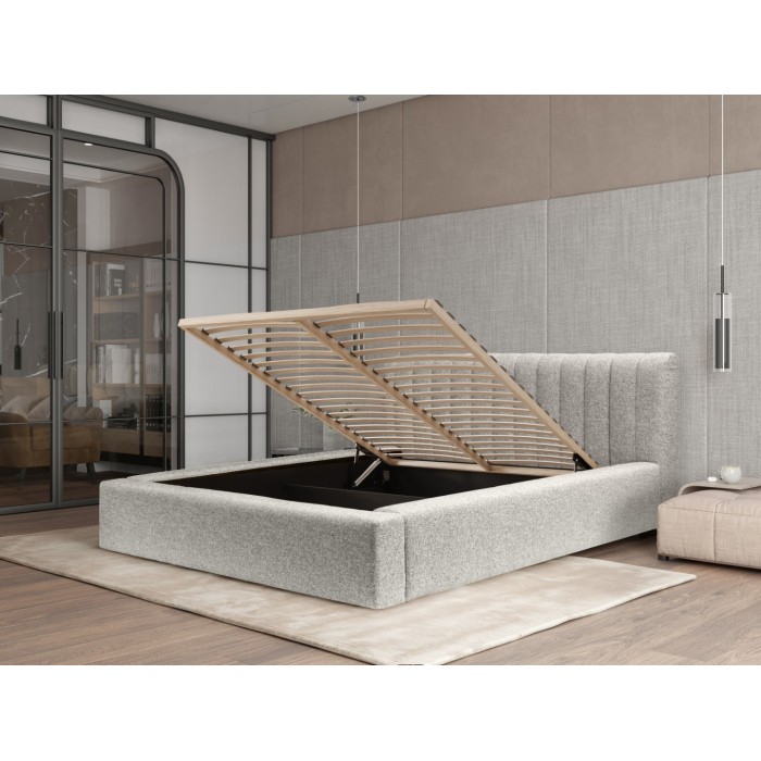 Lit coffre CERVIN – Tissu bouclé Nuage sablé – 180x200 cm – Sommier relevable – Design contemporain 