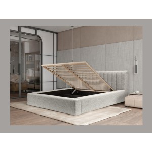 Lit coffre CERVIN – Tissu bouclé Nuage sablé – 180x200 cm – Sommier relevable – Design contemporain 