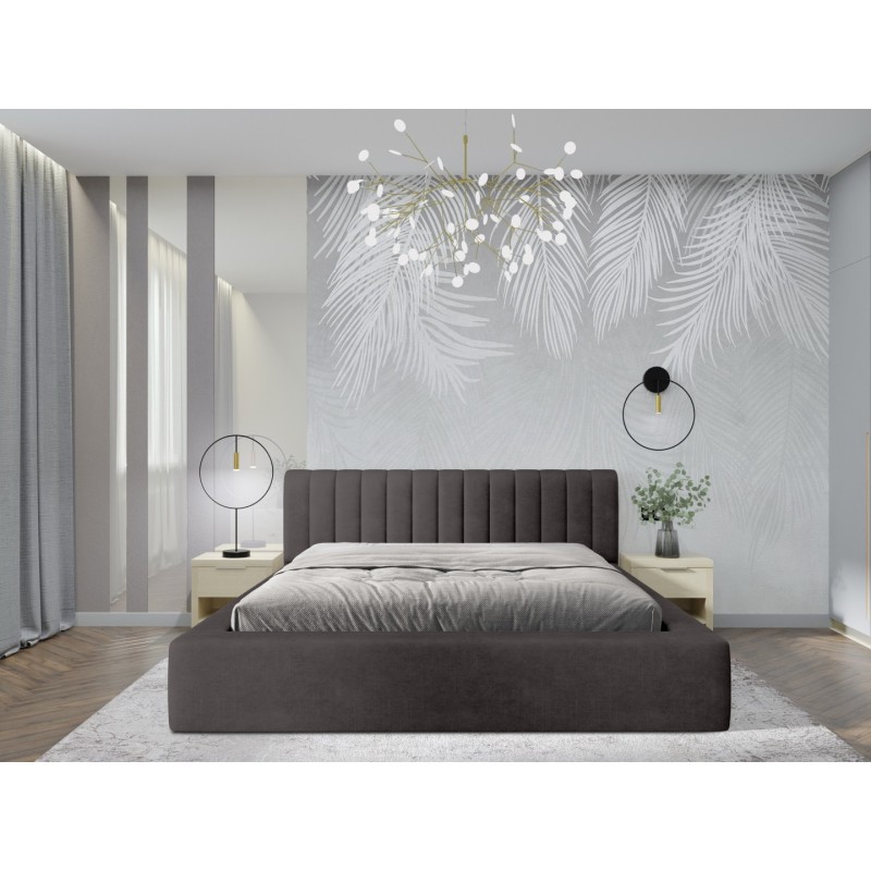 Lit coffre CERVIN – Tissu bouclé Nuage sablé – 180x200 cm – Sommier relevable – Design contemporain