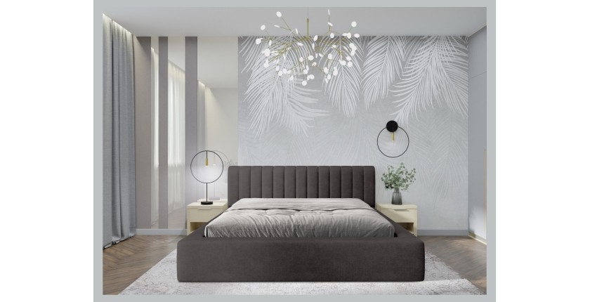 Lit coffre CERVIN – Tissu bouclé Nuage sablé – 180x200 cm – Sommier relevable – Design contemporain