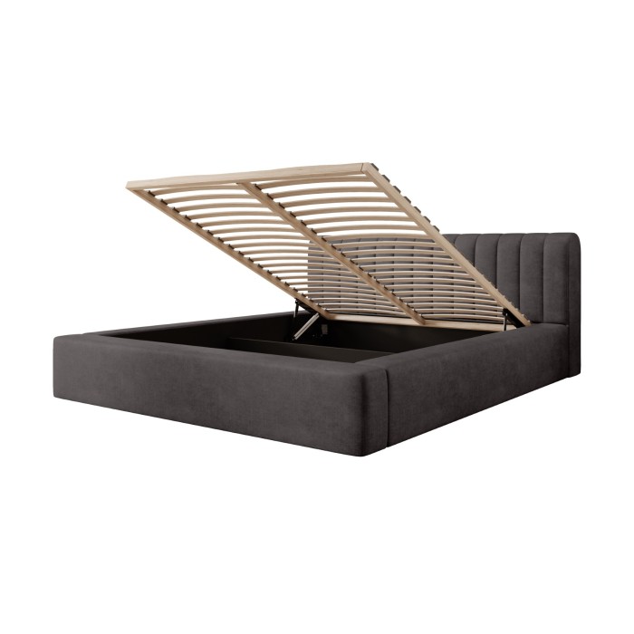 Lit coffre CERVIN – Tissu bouclé Nuage sablé – 180x200 cm – Sommier relevable – Design contemporain 